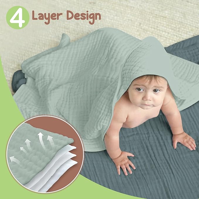 100% Organic Cotton Muslin Baby Hooded Towels - 32x32 Inch, 2 Pack Newborn Bath Towels for Boys & Girls, Soft & Absorbent Bath Set (Green/Mint Green)