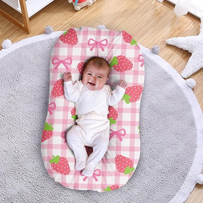 Strawberry Bow Baby Lounger Cover Soft & Breathable Newborn Replacement Nest Slipcover 31.5'' x 21.3'' Lounger Covers for Girls Intant Snuggle Me Cover Pink