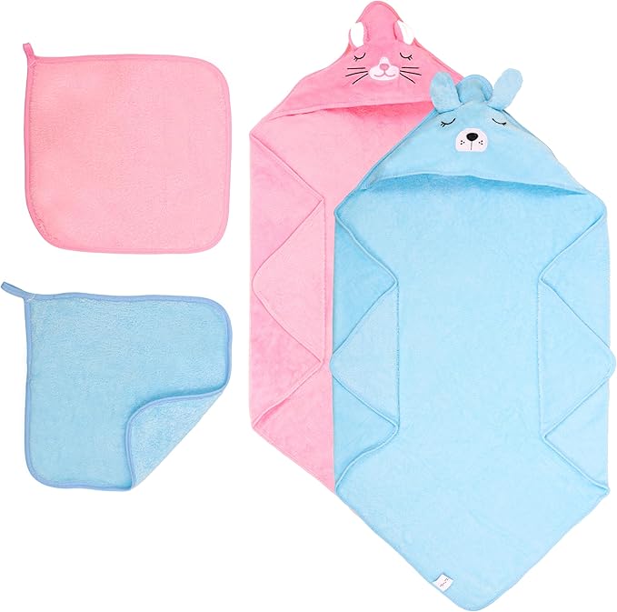 HBHLFZ 4-Pack Baby Bath Towels,Set of 2 Hooded Baby Bath Towels and 2 Baby Face Towels, Super Soft,Highly Absorbent,31.5x31.5inch,Suitable for Newborns,Toddlers and Children,Unisex（Kitten, Dog