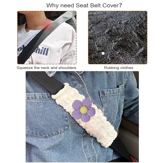 Car Seat Belt Cover Pad, 2 Pack Flower Car Accessorie Seatbelt Covers Cushion Neck Shoulder Strap Protector Universal Seat Belt Cover for Adults and Kids (Purple and Yellow)