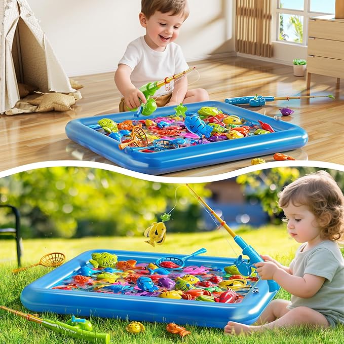 PEADUCK Magnetic Fishing Game Pool Toys Set for Kids 3-5, Water Table Bathtub Toys with Inflatable Pool Pole Rod Net Plastic Floating Fish, Outdoor Toys for Kids Boys Girls Age 3 4 5 6 7 8 Year Old