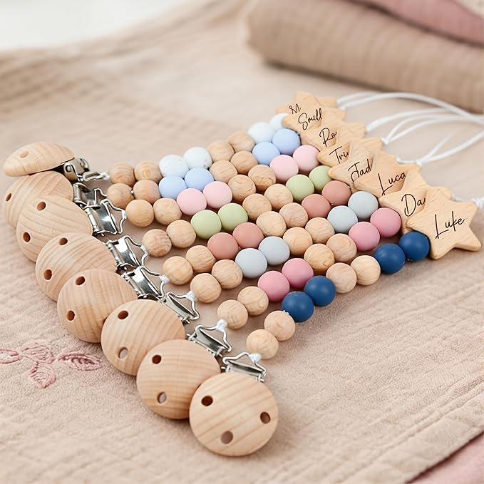 Personalized Name on Wood Pacifier Clip,Custom Dummy Clip Newborn Gift Pacifier Holder Clips Chain (Pacifier Clip)