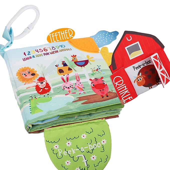 Touch and Feel Cloth Crinkle Books for Babies Infant, Baby Books Toys 0-3-6-12-18 Months, Easter Shower Baby Gift, High Contrast Toys,Teething Teether,Tummy Time Mirror Toy for Boys and Girls-Farm