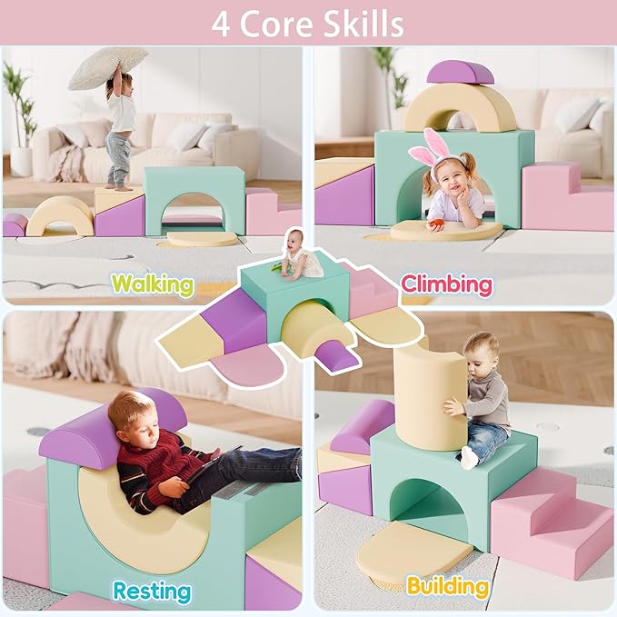 TOLEAD Soft Foam Climbing Blocks Set – Large 5-in-1 Soft Play Toys Crawling & Sliding Climbing Arch for Toddlers, Foam Playset for Nursery,Preschool,Pink
