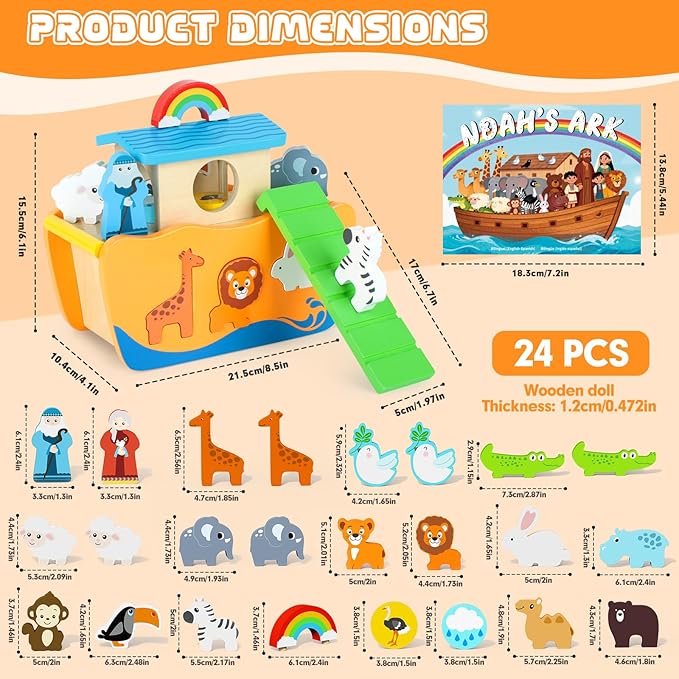 Hoarosall 27-Piece Wooden Noah's Ark Toy for 1-3 Year Olds Baptism Christmas Birthday Gift Bilingual Bible Story Montessori Shape Sorter Christian Educational Toy for Boys Girls