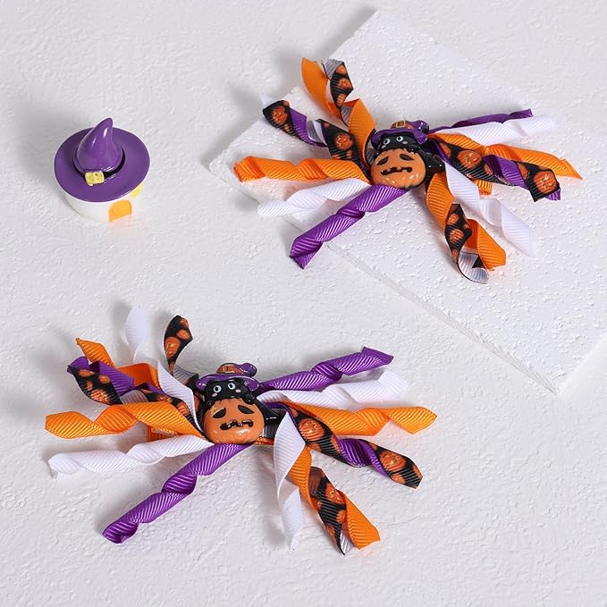 Halloween Pumpkin Korker Hair Bows for Girls,4 Pack Black Orange Purple Curly Ribbon Alligator Clips for Kids Teens Toddler Baby Women Holiday Party Costume Dress Decor Accessory Gift