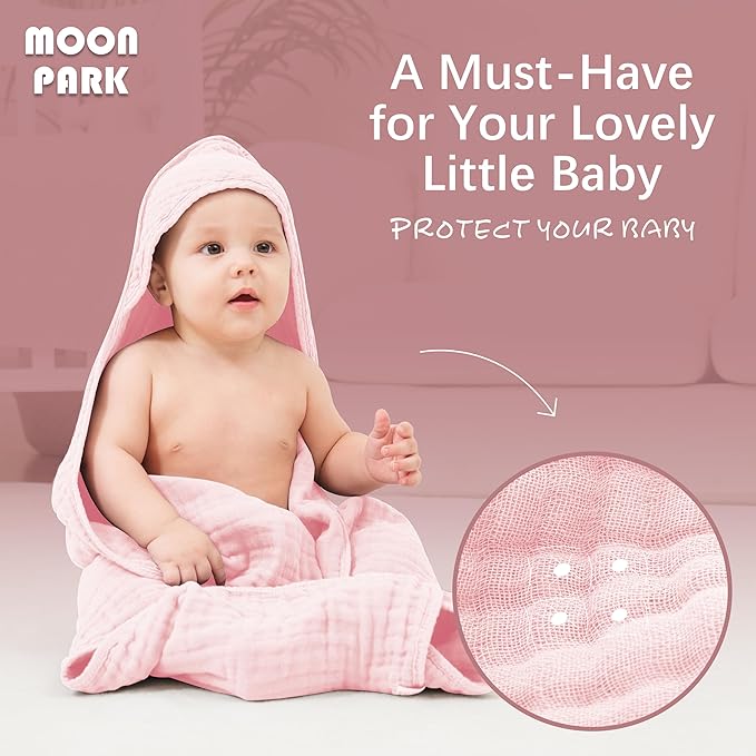 MOON PARK 2 Pack Muslin Hooded Baby Bath Towels for Newborns, Infants, Toddlers - 100% Cotton - Large 32x32Inch Size - Highly Absorbent and Essential, White and Pink
