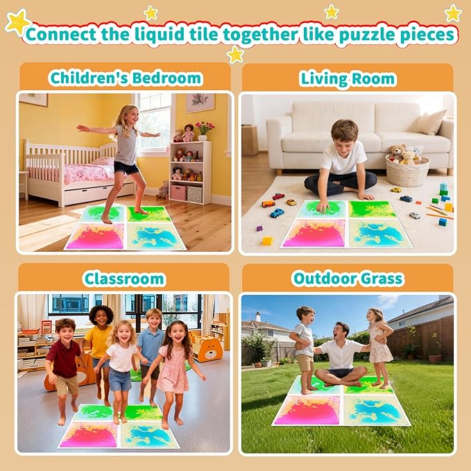 Sensory Floor Tiles Liquid for Kids: Motion Activity Play Mat 12x12 Inch Non-Toxic Anti-Slip Leakproof - 4 Colorful Pads Tactile Exploration & Visual Tracking Toys for Classroom/Autism Room