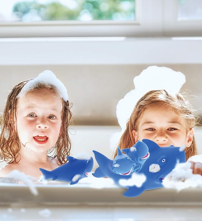 Dollibu Family Animal Bath Squirters 4 Piece Bath Toy Set, Toddler Bath Toys for Bathtime & Water Fun, Girls & Boys Floating Rubber Squirt Toys, Floaty Pool Toys for Toddlers & Kids - Blue Shark