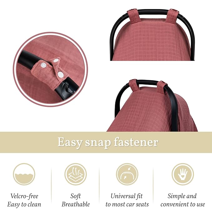 Meracorallo Muslin Baby Car Seat Cover, Lightweight Breathable Soft Infant Carrier Cover Carseat Canopy for Baby Boys and Girls, Earthy Red