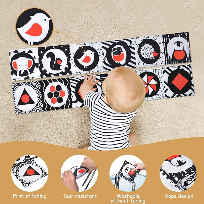 Vicloon Black and White High Contrast Baby Toys, Soft Baby Book for Newborn 0-3-6-12 Months, Infant Tummy Time Toys, Early Education Sensory Toys, Visual Stimulation Folding Cloth Book for Boys Girls