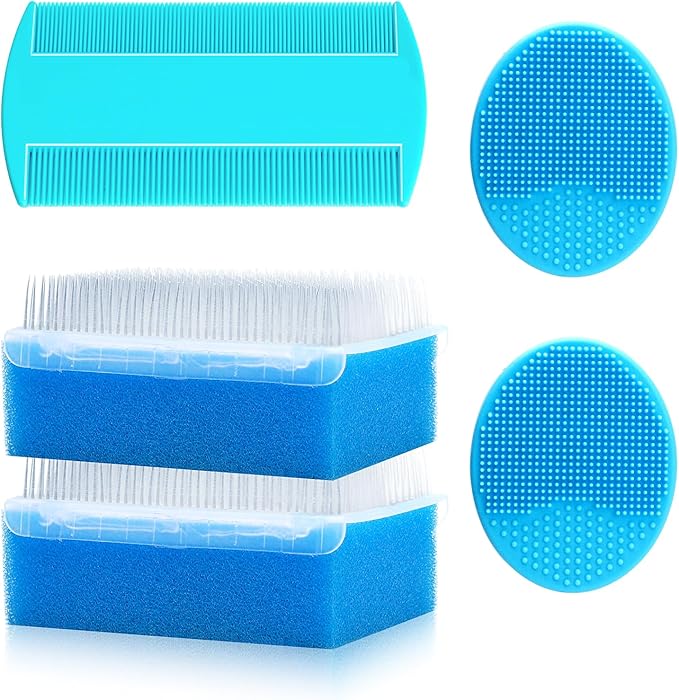 Cradle Cap Brush for Babies, 5Pcs Cradle Cap Treatment Set with Soft Bristle Brushes Silicone Scrubber Fine-Tooth Comb for Newborn Bathing Essentials Baby Brush and Comb Set (Blue)