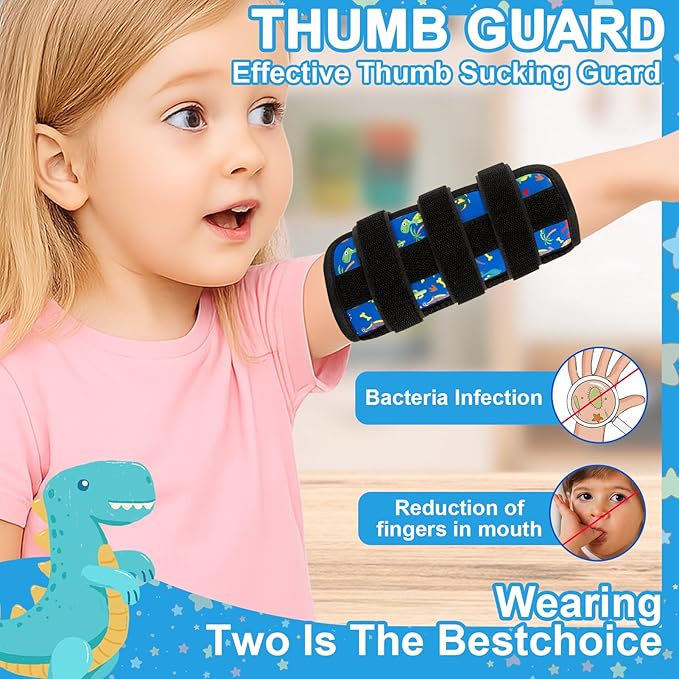 2 PCS Thumb Sucking Deterrent, Blue Dinosaur Thumb Guard for Kids Toddlers Nail Biting Treatment, Anti Nose Picking, Scratching Face, Elbow Immobilizer for Boys Girls, Finger Sucking Prevention