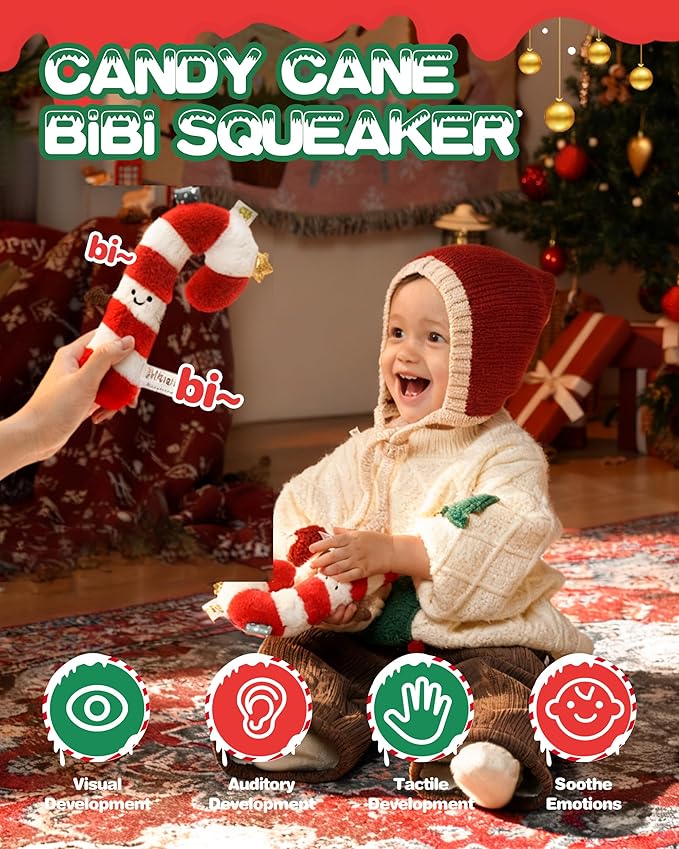 Jollybaby Car Seat Stroller Crib Toy for Baby 0-6-12-18-36 Months, My Baby First Christmas Toy Candy Cane Squeaker, Tummy Time Infants/Newborns Easter Gifts for Boy and Girl