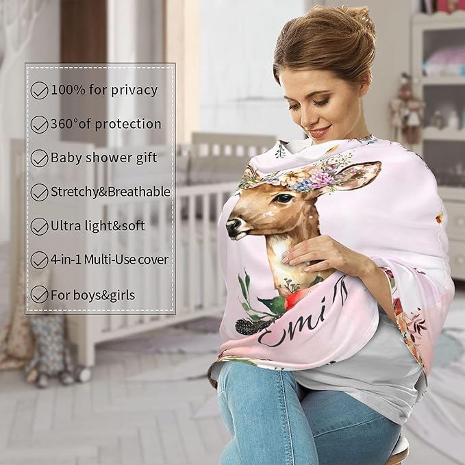 Personalized Deer Baby Car Seat Cover with Name,Multi-Use Canopy for Nursing, Strollers,Shopping Carts,Customized Breastfeeding Cover, Full Privacy,Infant Stroller Cover