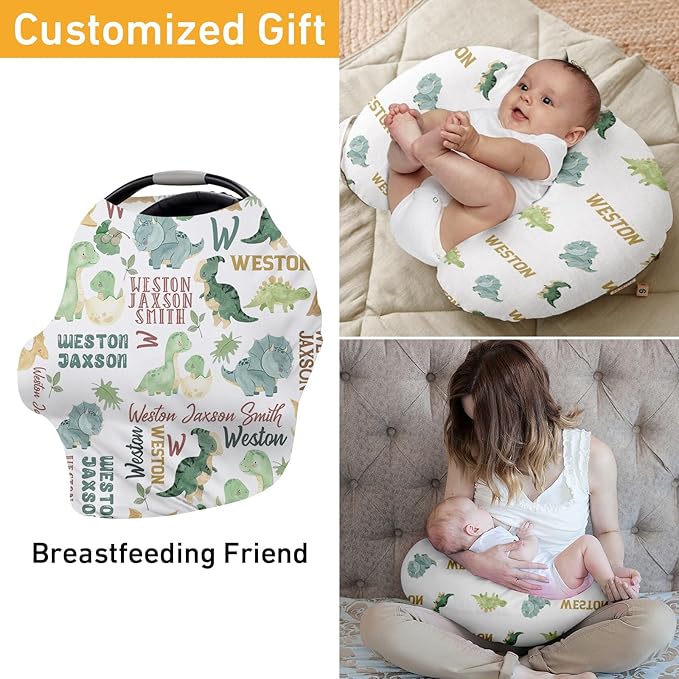 Personalised Infant Car Seat for New Parents - Green Dinosaur Print Baby Carseat Cover, Breast Feeding Cover, Multi-Function pad for Boys Girls Toddlers - Christmas Gifts for Parent Babies(27"x29")