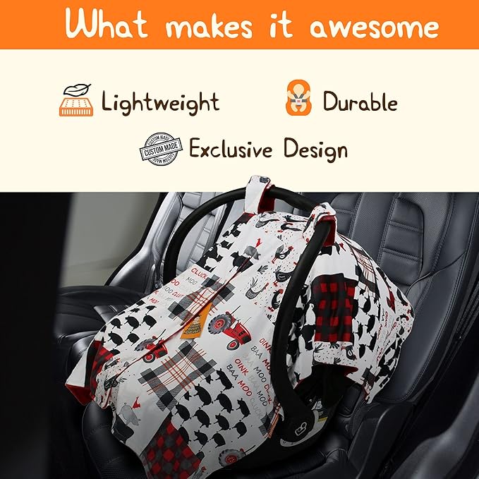 Dear Baby Gear Car Seat Cover for Boys & Girls - Baby Carseat Canopy w/Snap Opening - Infant Seat Cover - Stroller & Nursing Covers - Newborn Carrier Canopy - 40x30" (Farm Faux Quilt - Red Smooth)