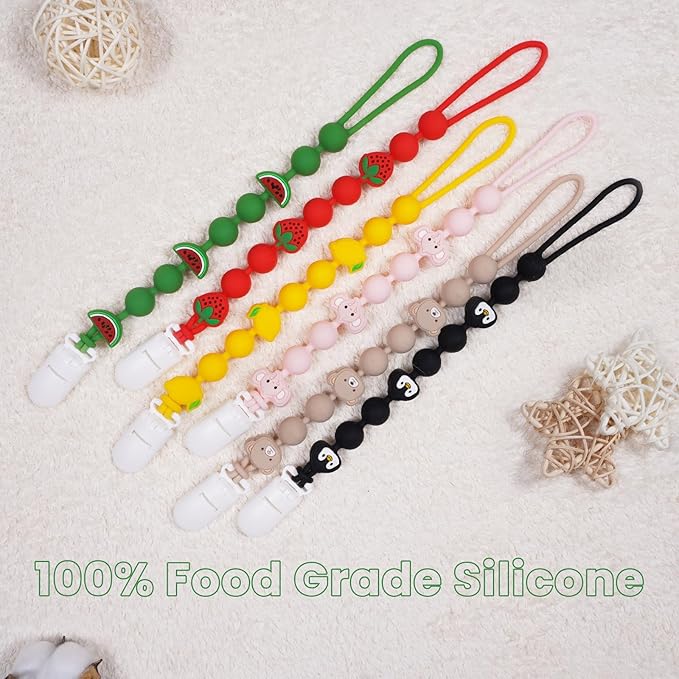 Cute Fruits Silicone Pacifier Clip Holder,Pack of 3,Flexible One Piece Design Paci Leash,Binky Clips for Baby Boys and Girls,Newborn Essential. (Lemon,Watermelon,Strawberry)