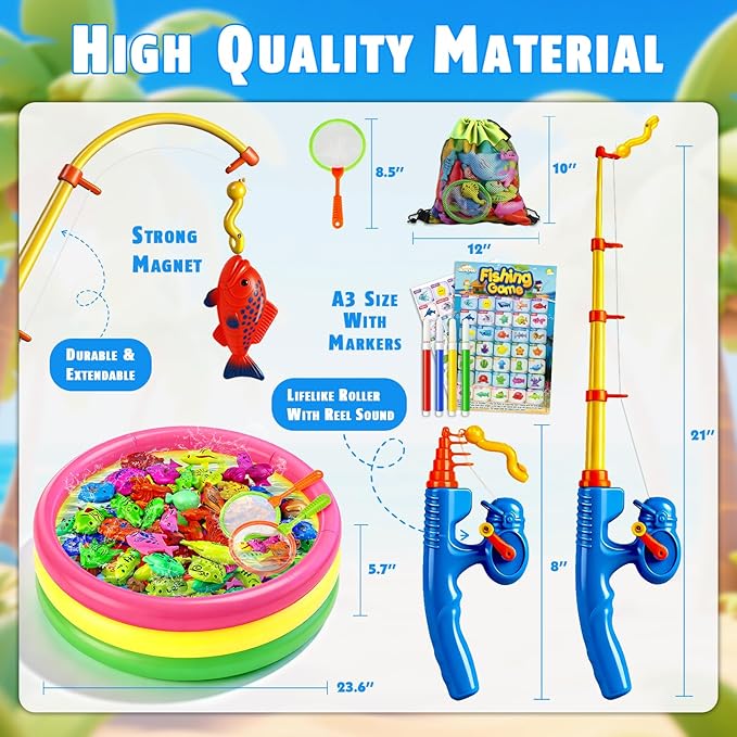 CozyBomB™ Magnetic Fishing Toys Game Set for Kids | Water Table Bathtub Kiddie Pool Party Pole Rod Net, Outdoor Plastic Floating Fish, Toddler Bath Color Ocean Sea Animals Birthday Gift Age 3-5 6 4-8