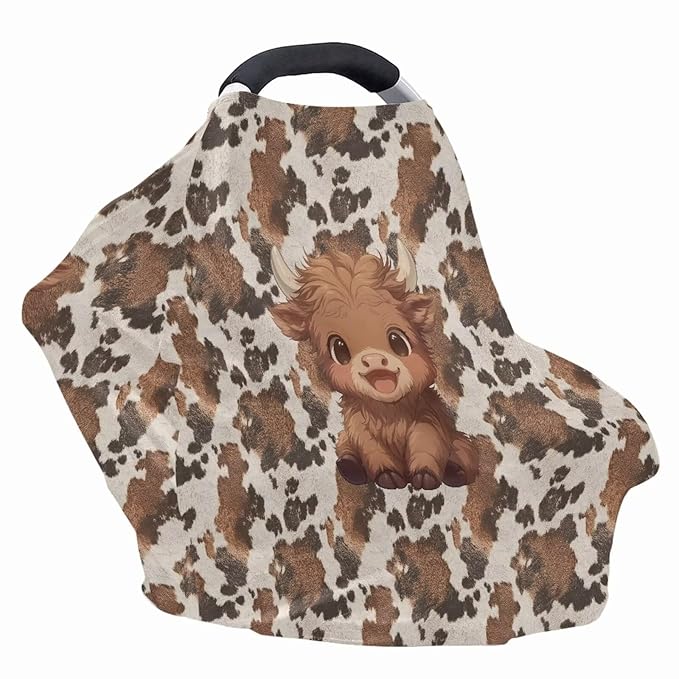 Wanyint Baby Car Seat Covers Nursing Cover Carseat Canopy Baby Breastfeeding Cover Multi-Use Nursing Scarf Infant Stroller Cover Home Decor, Cute Highland Cow Brown Cow Print