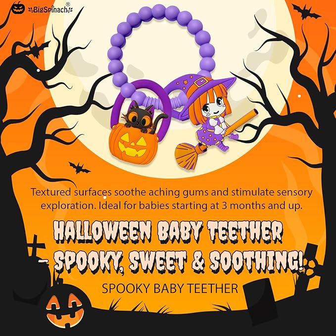 BIGSPINACH Halloween Teething Ring, Silicone Baby Teether with Witch and Cat Design, BPA-Free Infant Teething Toy, Easy to Hold,Safe for Babies and Toddlers (Colorful, Skull & Witch Hat) 2PC