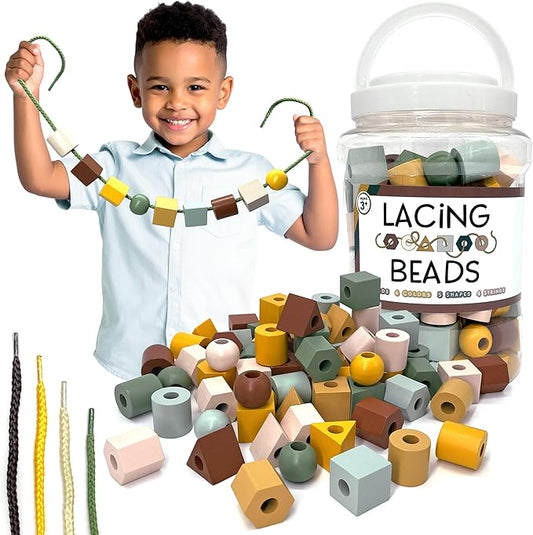 Wooden Lacing Beads & Strings 125 Pieces, Fine Motor Skills Toys for 3 Year Old, Boho Colors