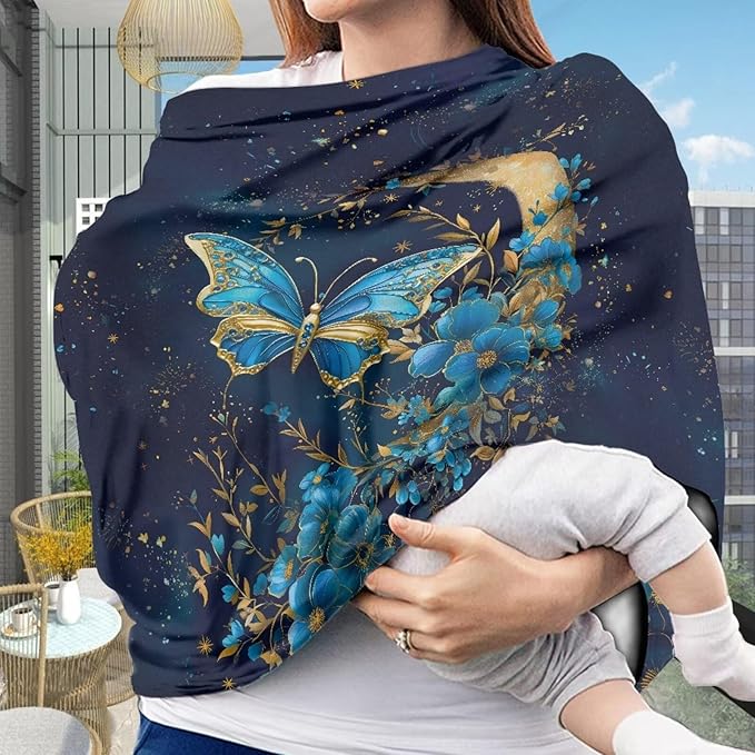 Blue Butterfly Car Seat Canopy for Baby Girls,Floral Pattern Nursing Cover Elastic Breastfeeding Cover Soft Car Infant Seat Cover
