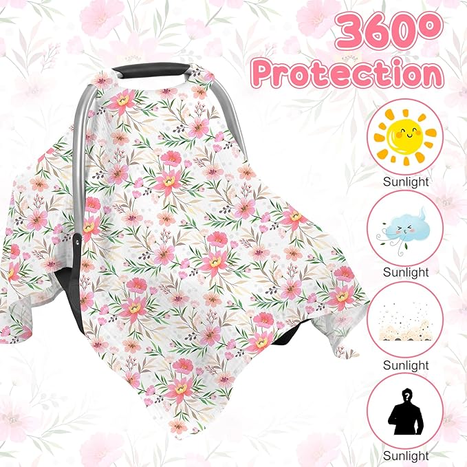 Car Seat Cover Baby, 100% Muslin Cotton Infant Car Seat Canopy, Universal Baby Car Seat Cover, Breathable Nursing Cover Canopy Shower Gift Floral