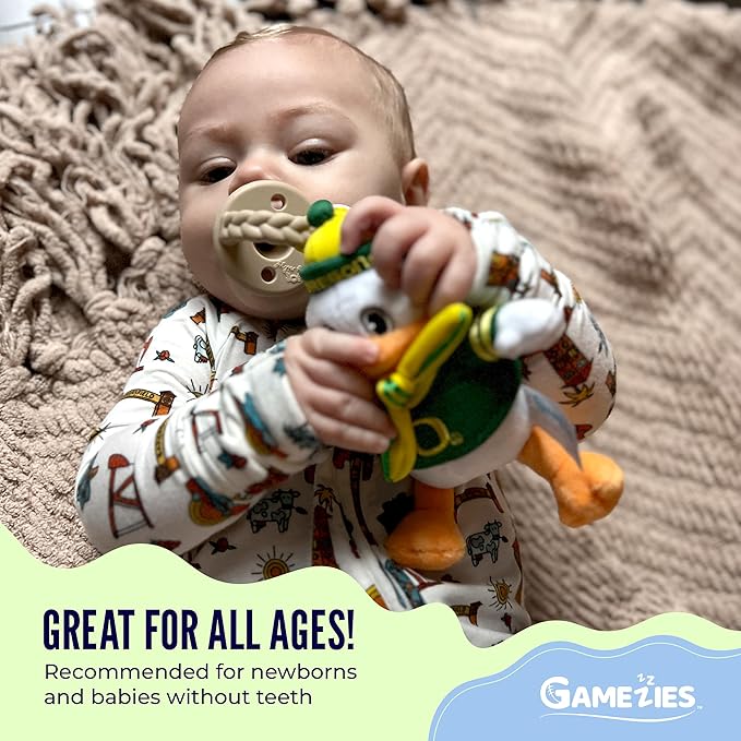 Gamezies Baby Boy and Girl Silicone Pacifier with College Mascot Removable, Washable Plush Toy CPSIA Tested, BPA-Free 0-6 Months (Oregon Duck)