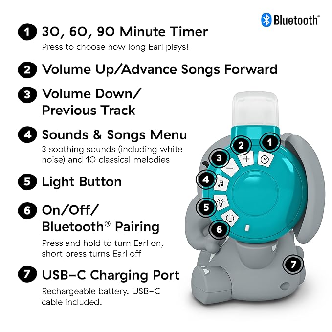 Baby Einstein Earl The Elephant Bluetooth Soother Sound Machine for Sleep, Stream Music and Color-Changing Night Light, Infant to Toddler