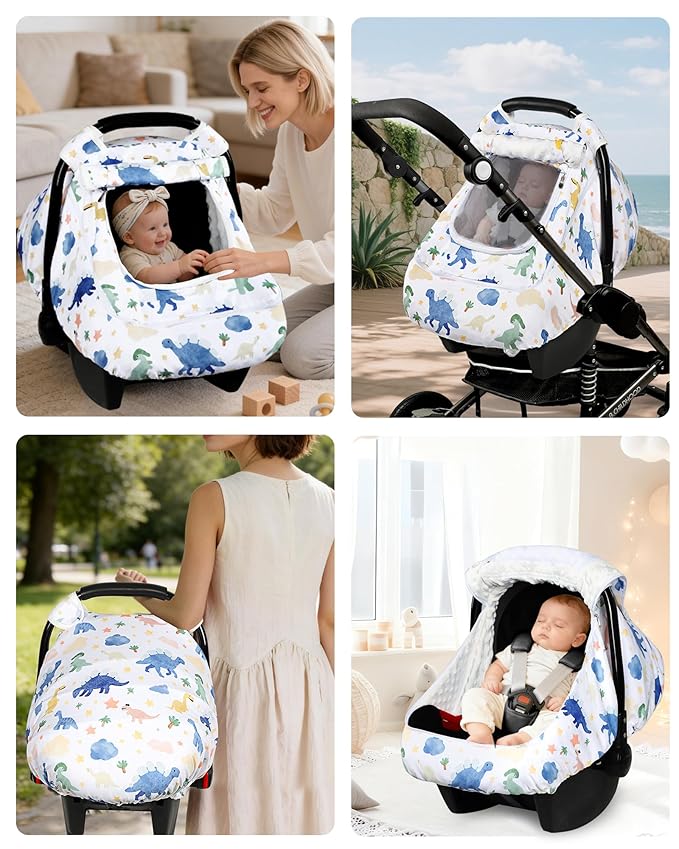 Car Seat Cover Baby Boy, Infant Carseat Covers with Mesh, Dual-Layer Protection for Summer Winter, Easy Access Newborn Canopy Breathable, Windproof & Fit Baby Stroller, Dinosaur