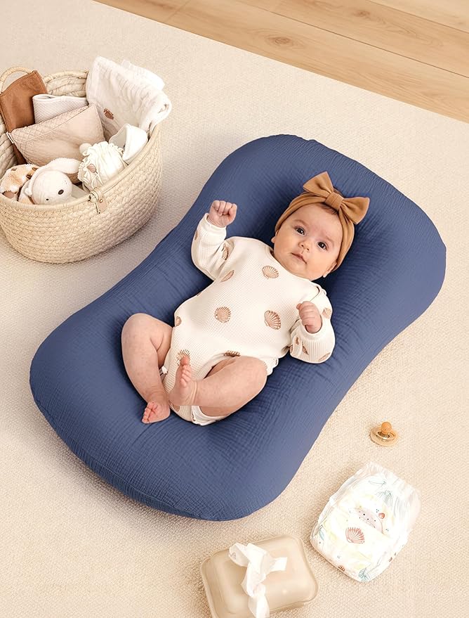 Termichy Baby Lounger Covers Muslin: Soft and Breathable Slipcover for Snuggle Me Lounger - Machine Washable & Zipper-Free for Safe Daily Use - Navy & Blue for Boys