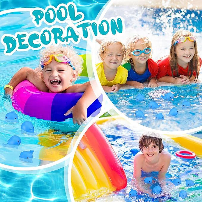 RoundFunny 30 Pcs Whale Rubber Bath Toys Glow in the Dark Mini Sea Animal Blue Squeezable Squeak Toys for Beach Pool Shower Play Floating Favors Carnival Decoration