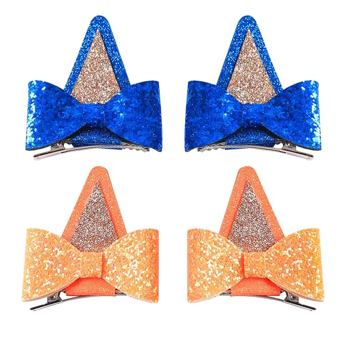 2 Pairs Dog Ears Hair Bow Clips for Toddler Kids Glitter Bows Halloween Costume Accessories Animal Cosplay Birthday Party Supplies Blue Orange