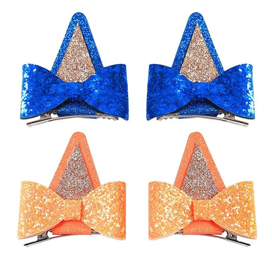 2 Pairs Dog Ears Hair Bow Clips for Toddler Kids Glitter Bows Halloween Costume Accessories Animal Cosplay Birthday Party Supplies Blue Orange