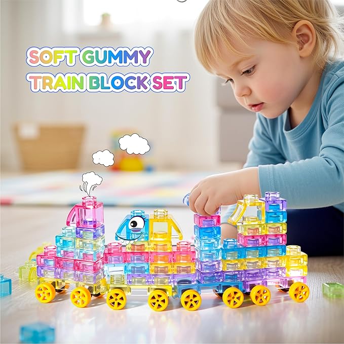Soft Train Building Blocks with Wheels, 42 PCS Montessori Sensory Stacking Blocks, Toddler Learning Toy with Station, Squeezable, Stretchable & Stackable Tactile Toys, Preschool Creative Play for Kids