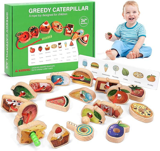2025 New Upgrade Wooden Greedy Caterpillar Rope Toy, 2.5in Fruit & Vegetable Caterpillar Lacing Bead String Game, Montessori Fine Motor Skills Farm Toys for 3+ Year Old