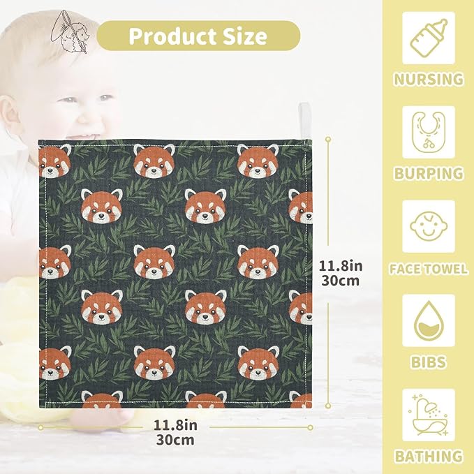 Newborn Face Towel Red Panda Soft Cotton Baby Washcloths 11.8 x 11.8 Inch Infants Girls Boys Muslin Burp Cloths 5 Pack