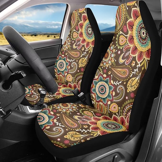 Boho Flower Car Front Seat Cover, Women's Auto Car Seat Covers Protector Universal Car Interior Accessories Automobile Seat Cover for Most Cars Truck Van SUV, 2 Pack