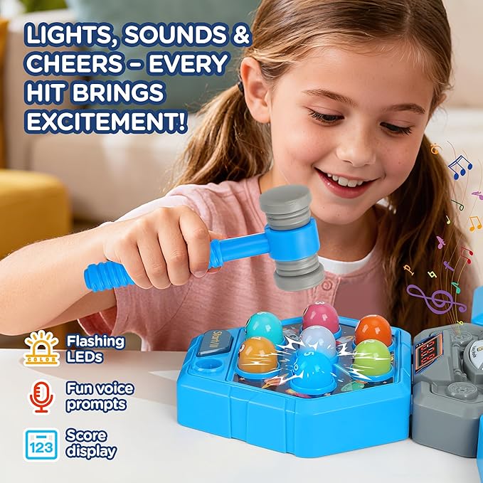 3-Player Whack Game Toy Mole with Lights & Sounds, 3Modes&7Speed Levels, LED Scoreboard, Interactive Hammer Toy, Educational Pounding Game for Kids Ages 3-10, Gifts for Boys & Girls