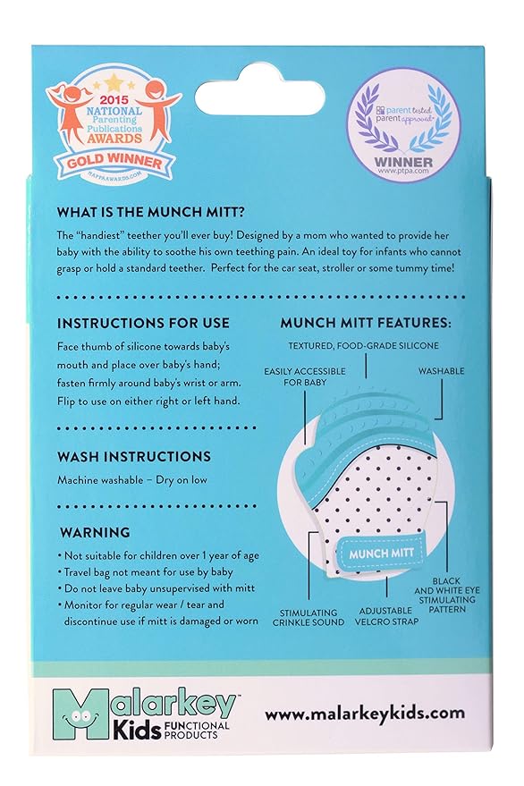 Malarkey Kids Patented Teething Mitten, Munch Mitt Baby Chew Toy - Protects Hands from Chewing & Saliva, Heals Aching Gums, Promotes Sound & Visual Stimulation for Babies - Aqua Polka Dot