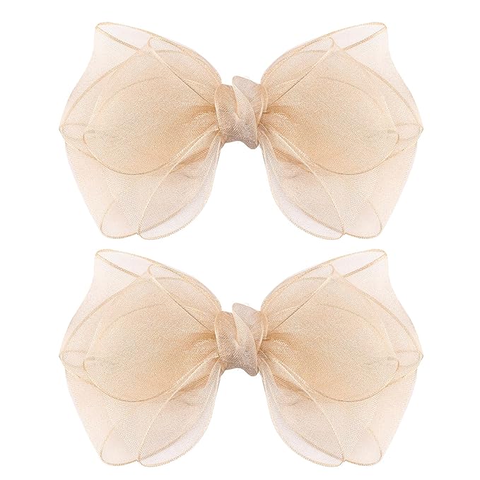 5.5-Inch Organza Double Hair Bows Alligator Clips Hair Accessories for Girls Toddler Kids Children Teens -Champagne Gold