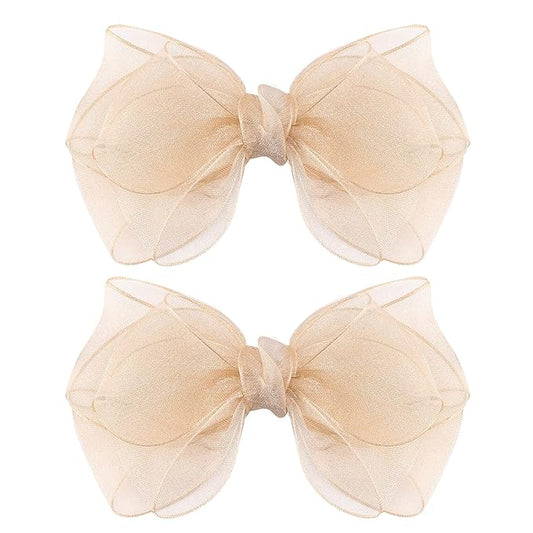 5.5-Inch Organza Double Hair Bows Alligator Clips Hair Accessories for Girls Toddler Kids Children Teens -Champagne Gold