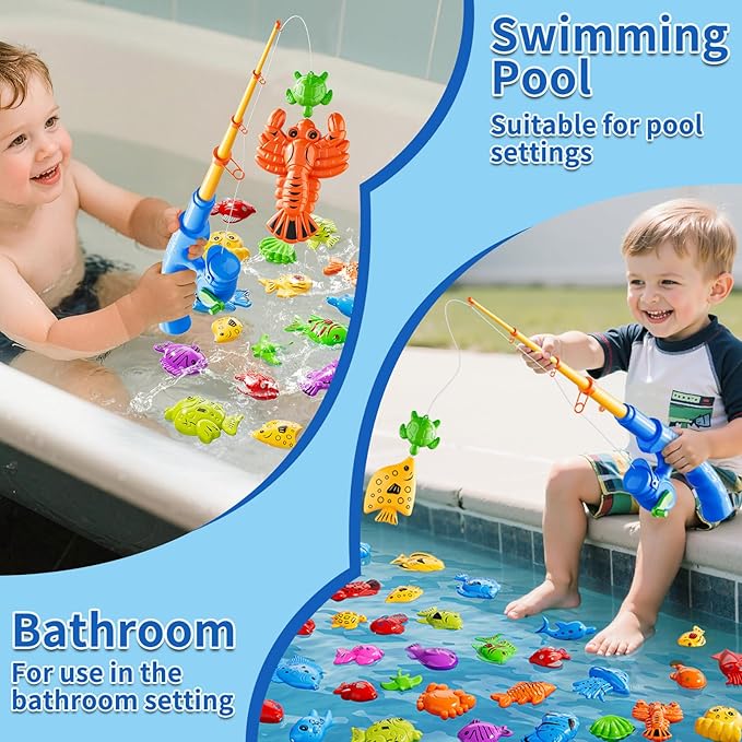 Magnetic Fishing Game Toys for Kids Toddlers 3-5 4-8, Water Table Bathtub Toys with Pole Rod Net & Fish, Water Bath Pool Outdoor Fishing Toys for Kids Toddlers Baby Boys Girls Age 3 4 5 6 7 8 Year Old