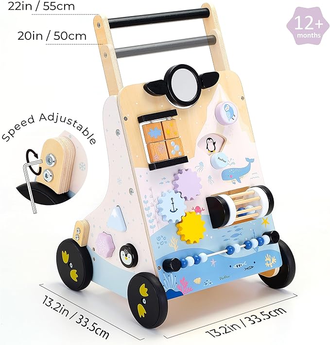 PairPear Wooden Baby Walker, 9 in 1 Montessori Push Walker Baby Push Toys with Activity Center for Boys Girls Learning to Walk, Sit-to-Stand, for 1 Year Old and Up
