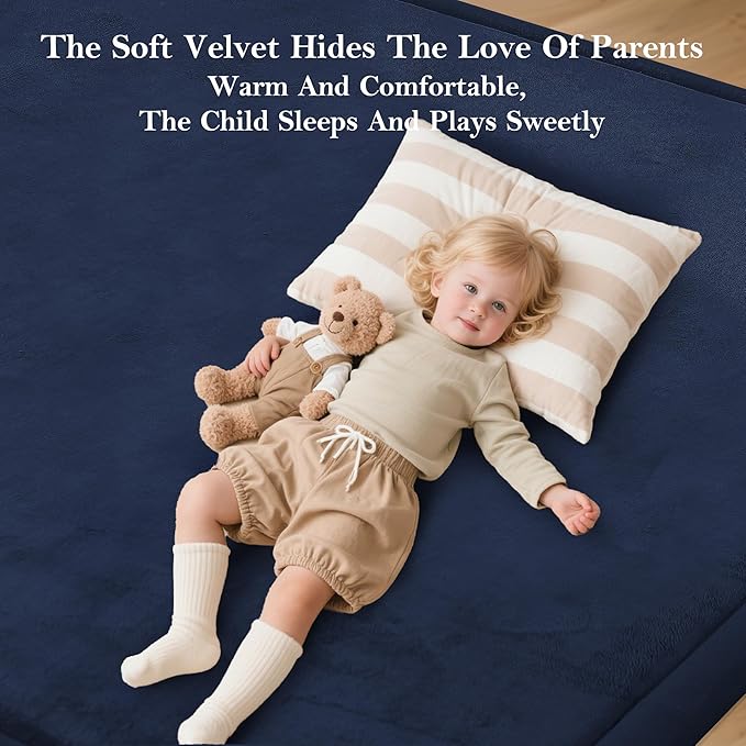 Baby Play Mat for Floor, 1.3" Thick Extra Large Cushioning Memory Foam Playpen Cushion, Soft Coral Velvet Tummy Time Mat with Non-Slip Backing, Child Nursery Rug for Toddlers, Kids (Dark Blue, 79X59)