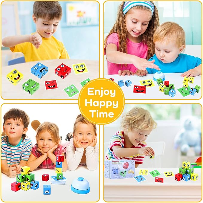 Montessori Puzzle Game for Kids - Wooden Face Changing Magic Cube Game, Educational Face Changing Cubes, 3+ Years (64 Cards, 16 Blocks, 1Bell)