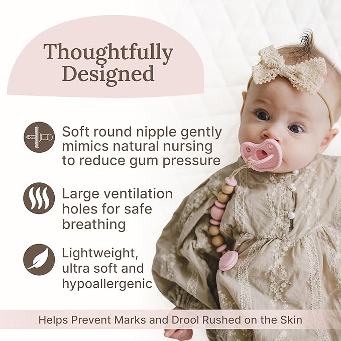 Mila & Lulu Round Silicone Pacifiers (Set of 2) – 100% Food-Grade, One-Piece Design, Soft Round Nipple, Doubles as Soother for Newborns and 0+ Months – Ballerina/Mauve