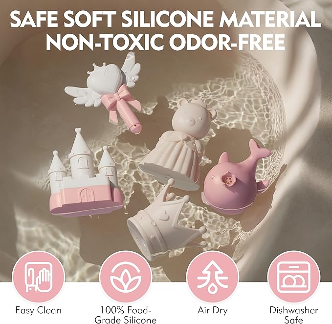 MarcZero Princess Silicone Bath Toys 8Pcs for Toddlers Kids Babies,Bathtub Water Toys,Soft Squeezable Easy-Grip Pool Toys Set (Pink)