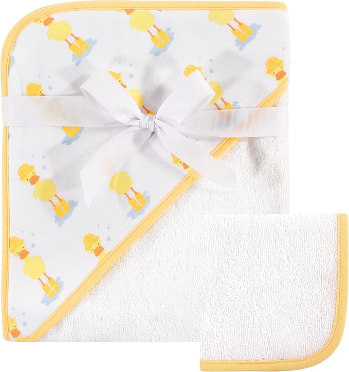 Hudson Baby Unisex Baby Cotton Hooded Towel and Washcloth, Duck, One Size